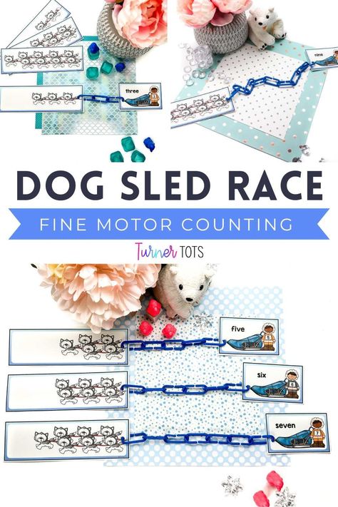 Combine math and fine motor work with this engaging fine motor counting activity. The printable cards reinforce counting as your preschoolers count the links connecting the dog sleds to the racers. A perfect dog sled preschool activity - especially if you are looking for Iditarod activities for kids! Download this fun preschool math activity today. Arctic Animals Fine Motor Activities, Arctic Animals Math Preschool, Sledding Activities Preschool, Dog Fine Motor Activities, Winter Animals Preschool Activities Math, Winter Sports Preschool Activities, Iditarod Activities For Kids, Winter Animals Preschool Activities, Iditarod Activities