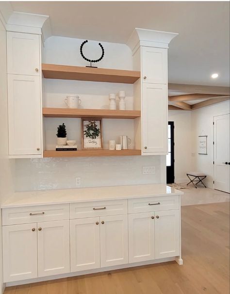 Floating Cabinets Kitchen, Wet Bar With Floating Shelves, Wood Floating Shelves Kitchen, Bar With Floating Shelves, White Oak Shelves, White Oak Floating Shelves, Kitchen Floating Shelves, Built In Buffet, Oak Floating Shelves