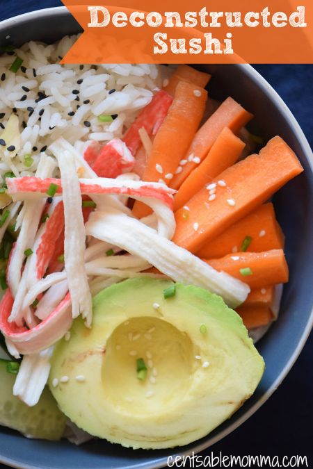 Make your own sushi with this Deconstructed Sushi recipe.  It's sushi in a bowl with crab sticks, rice, and all the usual sushi extras. Sushi In A Bowl, Seafood Sticks, Deconstructed Sushi, Stick Rice, Crab Sticks, Make Your Own Sushi, Paleo Dinners, Sushi Recipe, Crab Stick