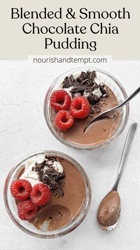 Two smooth chocolate chia puddings topped with berries, yoghurt and dark chocolate. Chi Seed Pudding Recipes Keto, Chocolate Blended Chia Pudding, Chia Tapioca Pudding, Smooth Chia Seed Pudding, Chia Seed Pudding Sweet, Vanilla Chia Pudding Recipes, Warm Chia Seed Pudding, Apple Pie Chia Seed Pudding, Chia Seed Chocolate Mousse