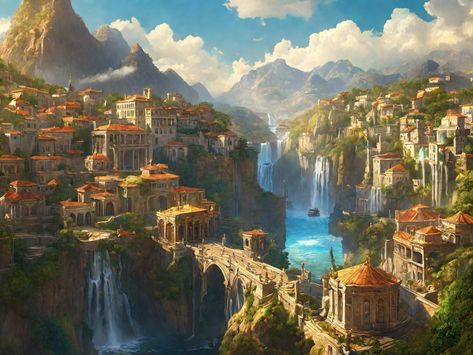 Cliffside City Fantasy Art, Crater City Fantasy Art, Cliffside City, Fantasy Backgrounds, Fantasy Ideas, Fantasy Background, Fantasy City, Fantasy House, Fantasy Places