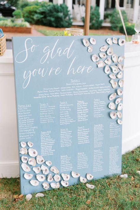 Its About Shucking Time Wedding, Coastal Wedding Seating Chart Ideas, French Coastal Wedding, Coastal Wedding Signage, Coastal Wedding Seating Chart, Crab Wedding, Kiawah Wedding, Coastal Wedding Ideas, Coastal Chic Wedding