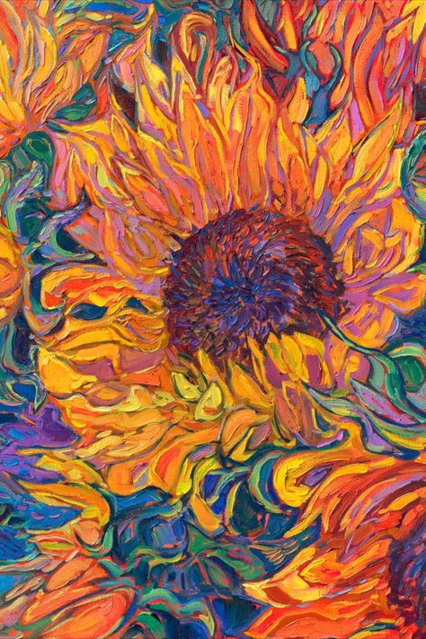 Sunflowers in vivid, impressionistic color, by Erin Hanson. Erin Hanson Art, Fauvism Art Ideas, Erin Hanson Painting, Acrylic Sunflower Painting, Vivid Paintings, Funky Art Prints, Fauvism Painting, Vivid Art, Sunflower Paintings