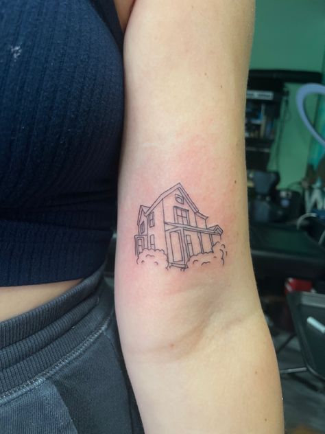 Fine line tattoo house tattoo Mailbox Tattoo Design, Tattoo Ideas For Group Of 3, Fine Line Building Tattoo, To Build A Home Tattoo, Outline Of House Tattoo, Tattoos Of Houses, Building Outline Tattoo, Childhood House Tattoo, House Fine Line Tattoo