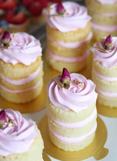 Gourmet Mini Cakes, Dainty Desserts, Pink Mini Cheesecakes, Bridal Shower Dessert, Fancy Mini Wedding Desserts, Bridal Shower Mini Cheesecakes, High Tea Sweets Mini Cakes, Pink Petit Fours, Mini Wedding Cakes