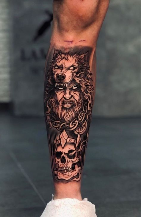 Mens Shin Tattoo Ideas, Men Shin Tattoo Ideas, Shin Tattoo Men Ideas, Mens Shin Tattoo, Front Shin Tattoo Men, Viking Leg Tattoo, Dark Tattoos For Men, Calf Sleeve Tattoo, Tattoo Calf