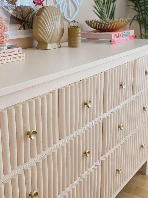 Jun 19, 2020 - Hi, my honeys! I have an amazing IKEA dresser hack for you today! I took the Hemnes Dresser and transformed it into a beautiful Art Deco, channeled dresser w... Ikea Diy Dresser Makeover, Diy Fluted Ikea Dresser, Boho Diy Dresser Makeover, Ikea Dresser Drawer Hack, Diy Ikea Dresser Hacks, Dresser Makeover Fluted, Diy Scalloped Dresser, Koppang Dresser Hack Master Bedrooms, Fluted Malm Dresser