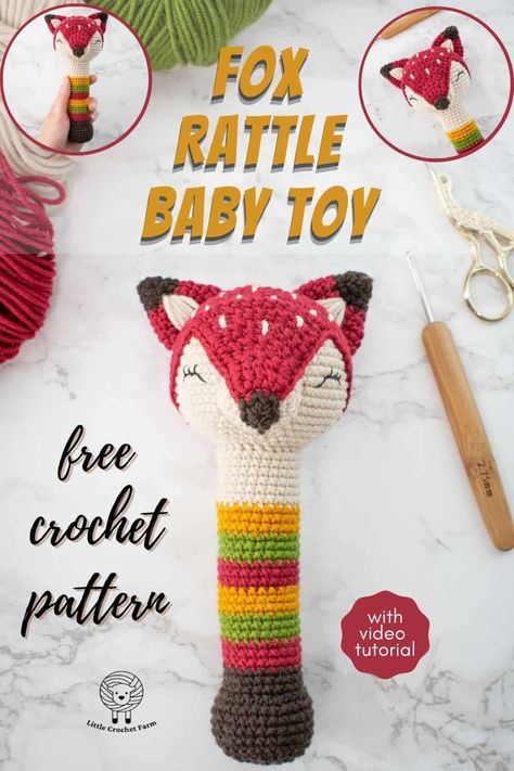 Sleeping Fox crochet baby rattle free pattern Expecting Mom Gift Basket, Crochet Farm, Fox Baby Blanket, Crochet Critters, Fox Baby, Baby Gift Hampers, Diy Baby Gifts, Amigurumi Ideas, Baby Fox