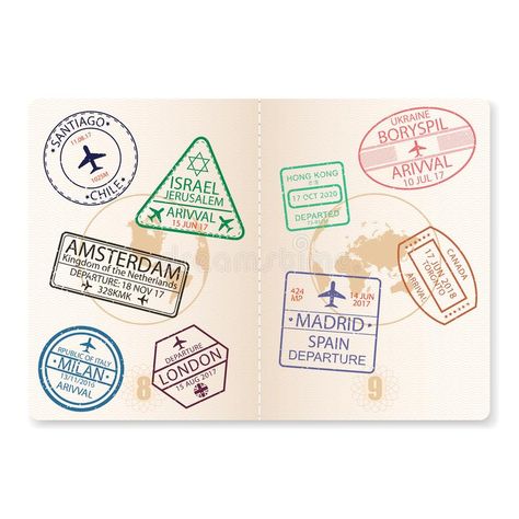 Passport Pages with Visa Stamps. Document with Airport Sign for Flying on Airplane, Travel. Vector. Stock Vector - Illustration of foreign, flying: 114444528 Passport Illustration Art, Sea Branding, Passport Illustration, Pride Illustration, Travel Vector Illustration, World Stamps, Travel Vector, On Airplane, Wallpaper Organizer