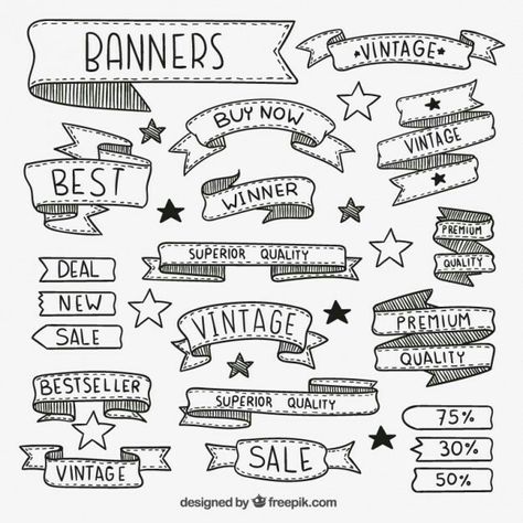 Bannières vintage Drawing Banners, Band Banner, Banner Doodle, Cartoon Cupcakes, Sketch Note, Bullet Journal Banner, Banner Drawing, Ribbon Banner, Sketch Notes