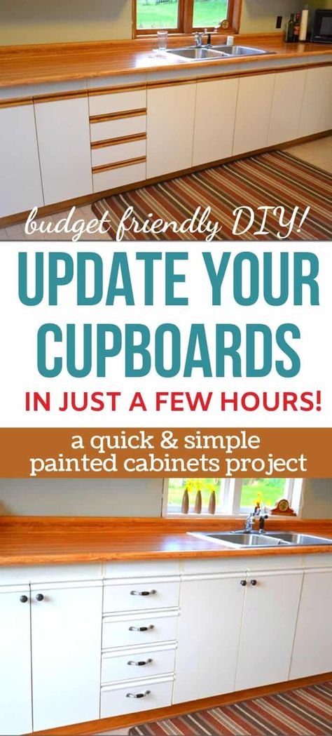 You don't have to rip out your cupboards to give your kitchen a makeover! Learn how to give dated European cupboard doors a face lift with this simple painted cabinet DIY project. This painted kitchen cabinets before and after is super budget friendly and will help you love where you live a little more! Kitchen Cupboard Renovation, Laminate Cabinet Makeover Before After, Melamine Kitchen Cabinets Makeover, Diy Cupboard Doors Makeover, Diy Cupboard Makeover, Melamine Cabinet Makeover, Painting Cupboards Kitchen, Cupboard Makeover Diy, Diy Cupboard Doors