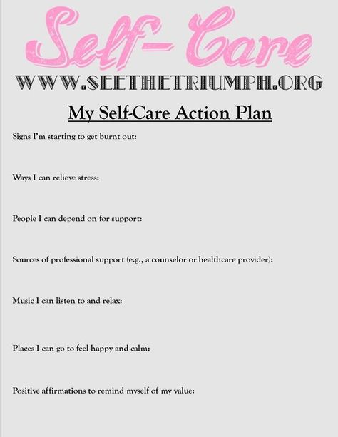 Develop a "Self-Care Action Plan" to make caring for yourself a priority. Download a pdf copy of the Plan here: http://www.seethetriumph.org/blog/see-the-triumphs-my-self-care-action-plan #seethetriumph Wellness Recovery Action Plan, Worksheets For Adults, Self Care Plan, Group Therapy Activities, Self Care Worksheets, Compassion Fatigue, Mental Health Activities, Health Activities, Monsieur Madame