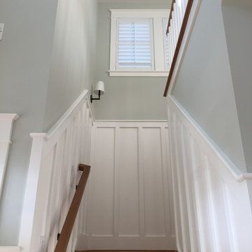 Board And Batten Stairwell, Coastal Hallway, Stairway Wainscoting, Wainscoting Staircase, Stairwell Ideas, Stairwell Wall, Staircase Wall Decor, Stair Wall, Staircase Wall