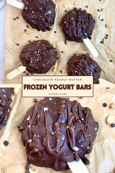 Indulge in these Choco-PB Frozen Yogurt Bars! 🍫🥜❄️🍦 They're the perfect blend of rich chocolate and creamy peanut butter, frozen to perfection. 😋👌 Enjoy the cool, refreshing treat that satisfies your sweet cravings! 🌬️🍨 #FrozenYogurtBars #ChocoPBFrozenTreats #ChocolatePeanutButterDelight #FrozenDesserts #SummerTreats #SweetToothSatisfying #EasyRecipe #DeliciousDelights #YummyIndulgence #IrresistibleFlavours Chocolate Covered Frozen Yogurt Fruit, Chocolate Covered Frozen Yogurt, Frozen Yogurt Peanut Butter Chocolate, Peanut Butter Frozen Yogurt Bars, Yogurt Peanut Butter Frozen, Chocolate Peanut Butter Frozen Yogurt, Frozen Yogurt Desserts, Chocolate Frozen Yogurt, Freezer Cookies