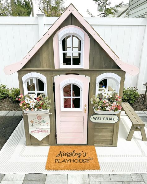 Fairy Cottage Playhouse, Playhouse Color Scheme, Playhouse Colors, Kids House Playhouses, Kidkraft Playhouse Makeover, Playroom Color Scheme, Playroom Paint Colors, Pink Playhouse, Kids Wooden Playhouse