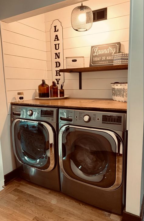 Laundry Room Closet Remodel, Small Hall Laundry Closet, Small Laundry Ideas Closet, Shiplap Utility Room, Laundry Room Ideas Shiplap, Western Farmhouse Laundry Room, Diy Closet Laundry Room Ideas, Farmhouse Small Laundry Room Ideas, Hallway Laundry Room Ideas Small Spaces