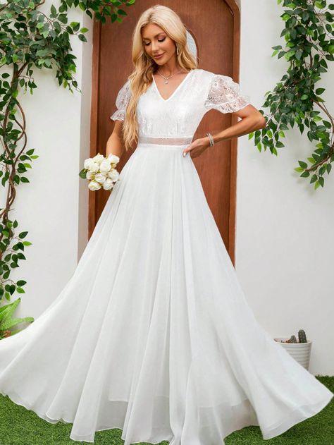 Women's V-Neck Lace Chiffon Ruffle Short Sleeve Floor-Length Bridal Wedding Dress White   Short Sleeve Chiffon Plain A Line Non-Stretch All Weddings & Events, size features are:Bust: ,Length: ,Sleeve Length: Plain White Wedding Dress, Wedding Dress No Lace, Light Wedding Dresses, White Wedding Dress, White Short Dress, Chiffon Ruffle, Bridal Wedding Dresses, White Wedding Dresses, Chiffon Lace