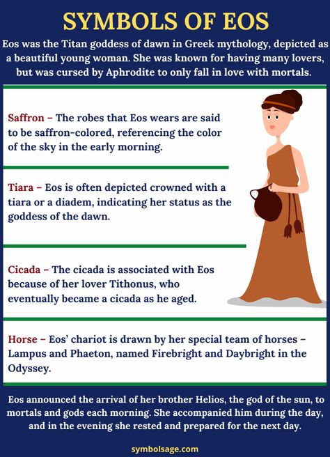 Eos’ symbols include saffron, horses, cicada, tiara and cloaks. Sometimes, she’s depicted with a pitcher. The story of Eos is somewhat tragic, in that she endured grief and faced many difficulties due to Aphrodite’s curse. Goddess Eos, Celestial Powers, Greek Goddess Costume Diy, Eos Goddess, Aurora Goddess, Goddess Of Dawn, Witch Supplies, World Mythology, Greek Goddess Costume