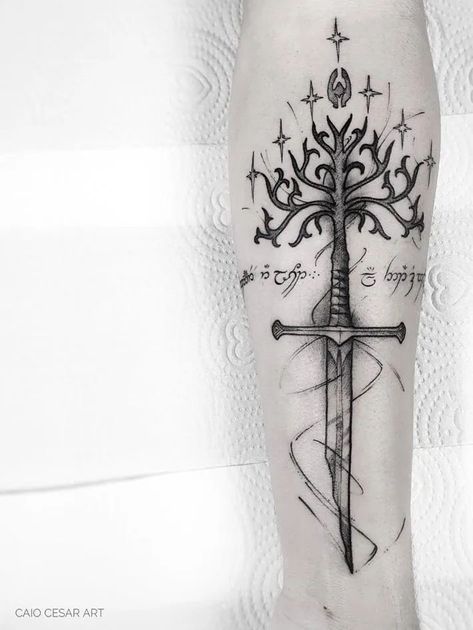 Elven Tattoo, Tree Of Gondor Tattoo, White Tree Of Gondor, Tree Of Gondor, Lotr Tattoo, Lord Of The Rings Tattoo, Bear Tattoos, Nordic Tattoo, Ring Tattoos