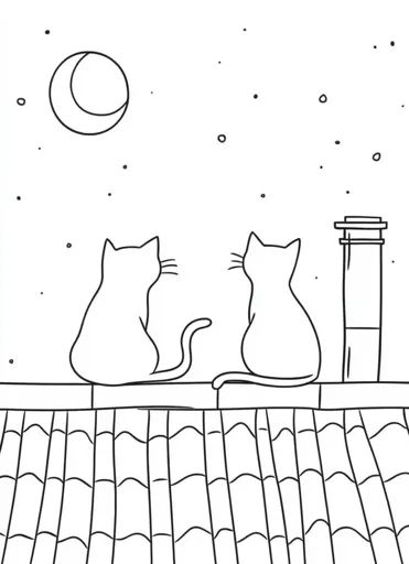 ↑↑↑ Larger size on website 🔸 Two cats sit side-by-side on a rooftop, their backs to the viewer. They are gazing up at a crescent Sitting On Rooftop Drawing, Rooftop Drawing, Sitting On Rooftop, Drawing Back, Cats Sitting, Simple Line Drawing, Inktober 2024, Stars In The Night Sky, Leaving Room