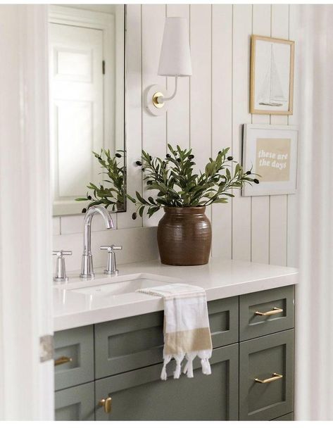 Looking to elevate your space? Check out these stylish bathroom decor ideas that will transform your bathroom into a luxurious oasis. From modern fixtures to chic accessories, these design tips will help you create the bathroom of your dreams. Bathroom Green Vanity Ideas, Evergreen Fog Bathroom Cabinets, Green Cabinet Bathroom, Bathroom With Green Vanity, Evergreen Bathroom, Soft Green Bathroom, Colored Bathroom Vanity, Green Vanity Bathroom Ideas, Teal Bathroom Vanity