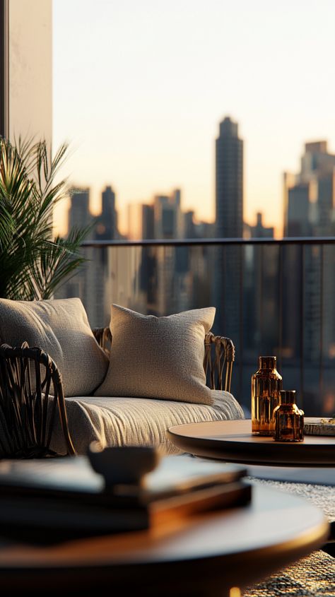 Stylish City Apartment with Skyline-View Balcony Balcony Aesthetic, Apartment Lifestyle, Apartment Chic, Apartment Terrace, Skyline View, City Views, City Apartment, Apartment Balconies, Apple Wallpaper