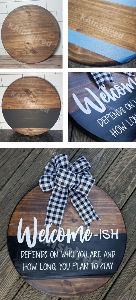 Round Welcome Signs for your Front Door How To Make Welcome Signs For Front Door, Hi Front Door Sign, Front Door Chalkboard Sign, Front Door Cricut Ideas, Door Plaques Diy Wood Signs, Door Sign Ideas Bedroom, Welcome Signs With Cricut, Welcome Cricut Sign, Welcome Door Signs Entrance