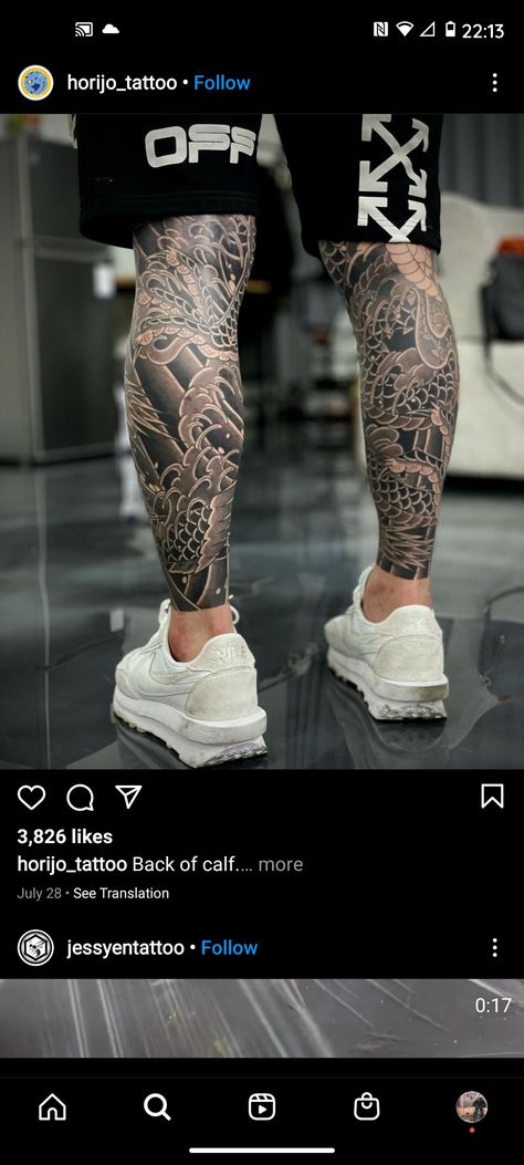 Black And White Japanese Tattoo Sleeve, Japanese Calf Tattoo Men, Japanese Leg Sleeve Tattoo Men, Black And White Japanese Tattoo, Leg Tattoo Black, Calf Tattoo Men, Japanese Leg Tattoo, Japanese Legs, Full Leg Tattoos