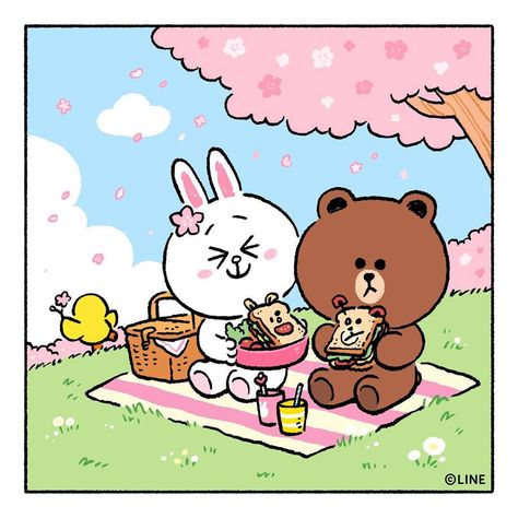 LINE FRIENDS_Official on Instagram: “. Hi there, you two lovebirds 😍  Oh wait, anyone spotted the #ThirdWheel?  #Picnic #Sandwich #NomNom #Couple #BROWN #CONY  #SALLY…” Line Cony, Brown And Cony, Bear And Bunny, Cony Brown, Cute Bear Drawings, Bunny And Bear, Friends Characters, Cute Couple Cartoon, Bear Wallpaper