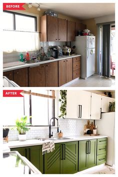 Back Of Kitchen Cabinet Ideas, Renovate 1920s House, Contrast Baseboards, Convert Kitchen Cabinets To Open Shelves, Large Peel And Stick Floor Tile, Kitchen With Waynes Coating, Updated Wood Kitchen Cabinets, Kitchen Backsplash With White Counters, Small Space Makeover Ideas