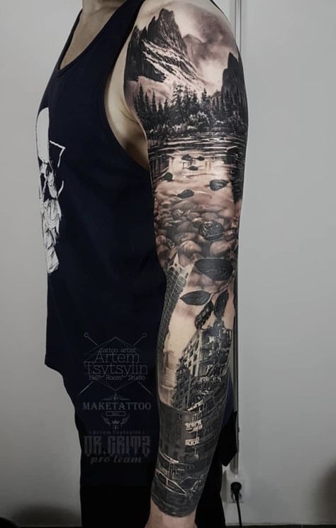 Waterfall Tattoos, Mountain Sleeve Tattoo, Forest Tattoo Sleeve, Waterfall Tattoo, Natur Tattoo Arm, Wilderness Tattoo, Nature Tattoo Sleeve, Wolf Tattoo Sleeve, Men Tattoos Arm Sleeve