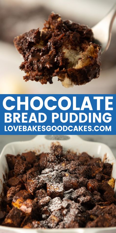 chocolate bread pudding pin collage Chocolate Chip Bread Pudding, Bread Pudding Dessert, Love Bakes Good Cakes, Charlie Boy, Good Cakes, Chocolate Bread Pudding, Chocolate Custard, Bread Pudding Recipe, Chocolate Bread