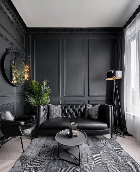 25 Deep & Dark Black Accent Walls in Living Room Ideas 17 Black Paint Living Room, Black Panelling Living Room, Black Living Room Wall Ideas, Black Brick Accent Wall, Black Wall With Wood Accents, Dark Paneled Walls, Charcoal Accent Wall, Black Walls Living Room, Dark Painted Walls