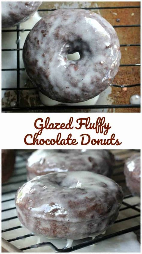 Glazed Fluffy Chocolate Donuts Chocolate Yeast Donut Recipe, Chocolate Doughnuts Recipe, Donuts Recipes, Doughnut Recipe Easy, Cake Donuts Recipe, Baked Donut, Homemade Donuts Recipe, Easy Donuts, Baked Doughnuts