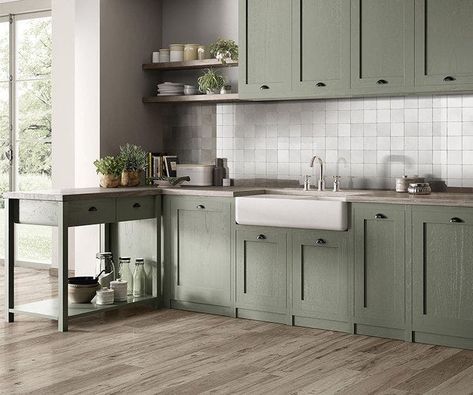 Sage Tiles, My Style Quiz, White Square Tiles, Sage Green Kitchen, Beaumont Tiles, Like A Rock, Tiles Design, Industrial Kitchen, Farmhouse Style Kitchen