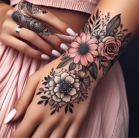 Back Coverup Tattoos For Women, Pretty Skull Tattoos For Women, Cover Up Tattoo Designs For Women, Wrist Tattoo Cover Up, Arm Sleeve Tattoos For Women, Cool Wrist Tattoos, Hand And Finger Tattoos, Tattoos For Women Flowers, Tasteful Tattoos