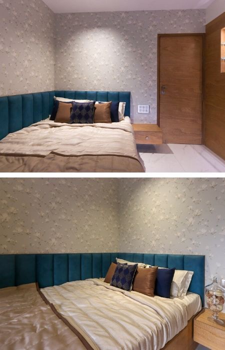 Corner Bed Headboard, Decoration Bedroom Ideas, Inspiration Bedroom Ideas, Corner Bed, Sofa Design Wood, Bedroom Ideas Master, Interior Design Bedroom Small, Indian Home Interior, Bedroom False Ceiling Design