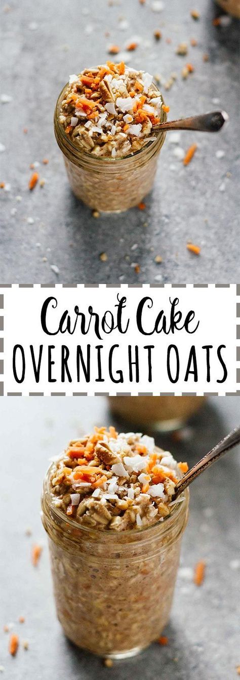 Carrot Cake Overnight Oats! Make these in about 5 minutes the night before, then take them on-the-go for breakfast in the morning! Vegan, vegetarian, gluten free, refined sugar free, and so easy. Love these!! Oat Carrot Cake, Carrot Cake Overnight Oats, Cake Overnight Oats, Overnight Oatmeal Recipes, Vegetarian Gluten Free, Vegan Carrot Cakes, Oatmeal Cups, Overnight Oatmeal, Oatmeal Breakfast