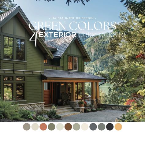 Explore the Green EXTERIOR House Paint with Sherwin Williams' Color Palettes, offering a versatile exterior color schemes that combines timeless elegance and contemporary style for your home's exterior. These Exterior Color Palette have been hand selected by me to create a cohesive Paint Color Scheme that work perfectly together and will give your exterior home a designer touch.  Let's be honest, getting names and codes of a color scheme is not enough to guaranty a professional and unique paint House Paint Exterior Colour Schemes, Exterior Paint Palette, Green Home Exterior, Green House Paint, Green Exterior House, Green Exterior Paints, Green Exterior House Colors, Sherwin Williams Exterior, Green House Exterior