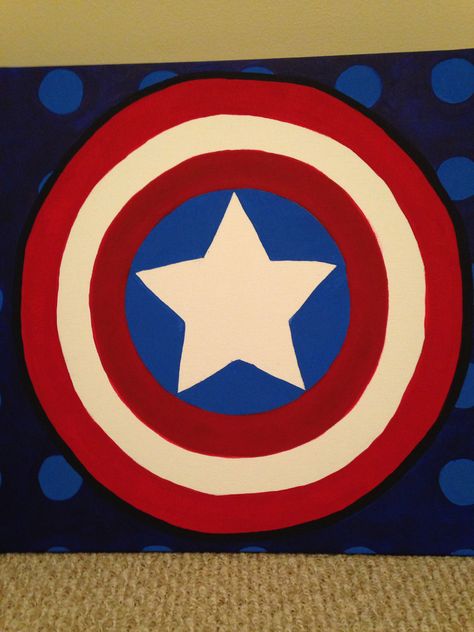 Superhero wall art - Captain America Supplies - 20x20 canvas, acrylic paint, charcoal, and some paint brushes are all you need. Instructions - Print out a 20x20 print of your favorite superhero logo. Rub charcoal over the back of the printout. Place print out charcoal side down onto the canvas in the desired position. Trace edges of logo with end of paint brush to transfer image. Remove paper and discard. Paint the canvas with the colors of your choice! So easy!! Captain America Canvas Painting, Captain America Painting, Captain America Canvas, Canvas Painting Easy, Avengers Painting, Superhero Signs, Super Hero Party, Superhero Decorations, Captain America Shirt