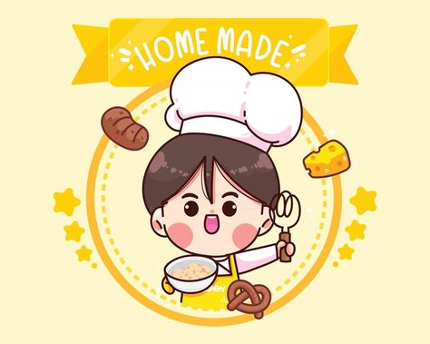 Hand drawn chef and bakery logo cartoon art illustration Vector Character Illustration, Chef Sticker, Chef Girl, Cartoon Art Illustration, Bakery Logos, Bakery Restaurant, Banner Logo, Closed Sign, Cute Bakery