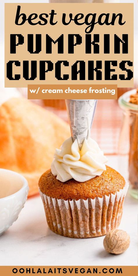 someone piping cream cheese frosting on vegan pumpkin cupcakes Vegan Pumpkin Cupcakes, Sugar Free Vegan Desserts, Pumpkin Cupcakes With Cream Cheese, Banana Diaries, Vegan Thanksgiving Dessert, Vegan Pumpkin Muffins, Vegan Dessert Bars, Pumpkin Pie Cupcakes, Cheesecake Truffles