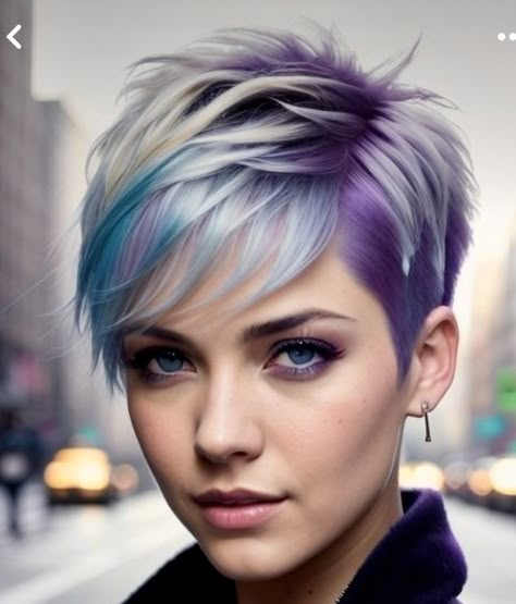 Funky Colored Short Hair, Vivid Pixie Hair, Short Hair Purple Highlights, Punk Pixie Haircut, Short Hair And Color, Short Edgy Haircuts, Emo Haircuts, Hairstyles Colour, Silver Pixie