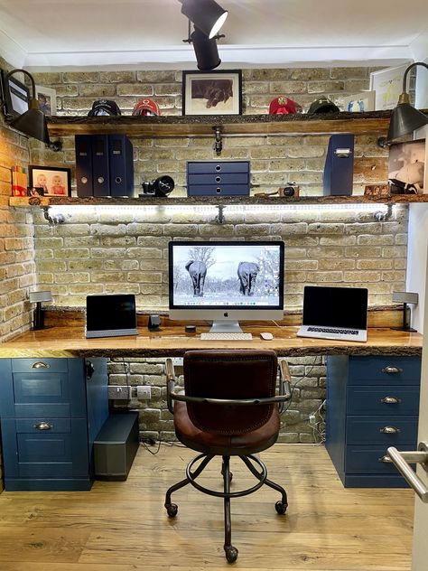 Industrial Desk With Shelves, Study Room Rustic, Industrial Study Room Ideas, Industrial Music Studio, Rustic Office Shelves, Rustic Music Studio, Rustic Small Office Ideas, Industrial Music Room, Brick Wall Home Office