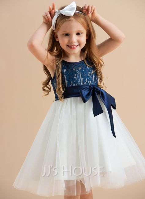 A-Line/Princess Knee-length Flower Girl Dress - Tulle/Lace Sleeveless Scoop Neck With Sash (010122617) - JJ's House Flower Girl Dresses Knee Length, Flower Girl Dresses Navy, Sleeveless Flower Girl Dresses, Girls Lace Dress, Girls Dresses Online, Tulle Flower Girl, Lace Beach Wedding Dress, Dress Tulle, Flower Girl Dresses Tulle