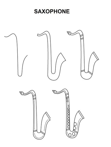 Step-by-Step tutorial for a saxophone. How To Draw A Saxophone Step By Step, How To Draw A Saxophone, Saxaphone Sketch, Saxophone Doodle, Saxophone Painting, Saxophone Drawing, Saxophone Tattoo, Color Wheel Projects, Saxophone Art