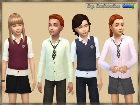 School uniforms for the children. Includes: a skirt, pants, shirt and tie, a shirt with a vest. Install a separate slot. 4 types of staining.  Found in… Tie A Shirt, Kids Maxi, Sims 4 Cc Kids Clothing, School Uniform Kids, Sims 4 Children, Shirt And Tie, Kids Uniforms, Sims 4 Dresses, Sims 4 Toddler