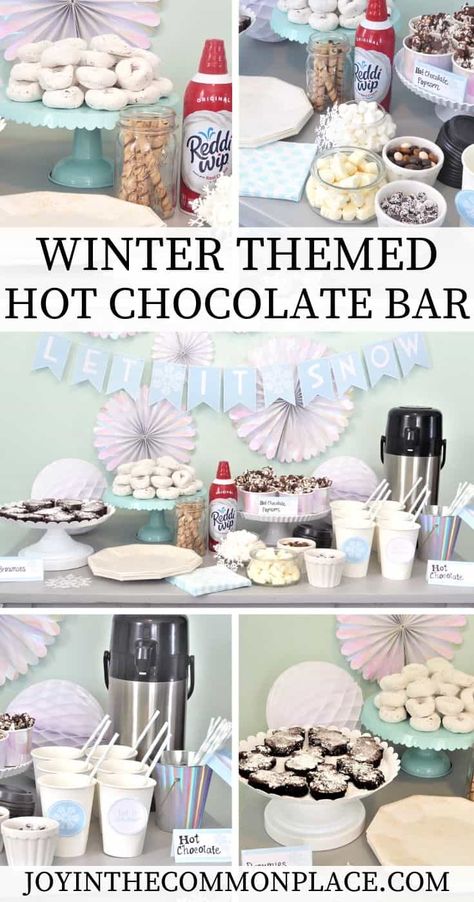 Are you hosting a Winter themed party soon? Find inspiration to plan an ice skating party and hot chocolate bar! Discover easy snack ideas, hot chocolate toppings, and fun Winter themed decorations! | Winter Party Ideas | Seasonal Party | Hot Chocolate Station | Party Supplies: @thepartydarlingshop #ad | Winter Printables: @mimisdollhouse #ad | #hotchocolate #hotchocolatebar #wintertheme #winterparty #partyideas Winter Themed Hot Chocolate Bar, Hot Chocolate Bar 1st Birthday, Winter Onederland Party Snacks, Winter Onederland Themed Food, Winter Party 2nd Grade, Frozen Themed Hot Chocolate Bar, Winter Onederland Drink Ideas, 3rd Birthday Winter Theme, Winter Onederland Snacks Food Ideas