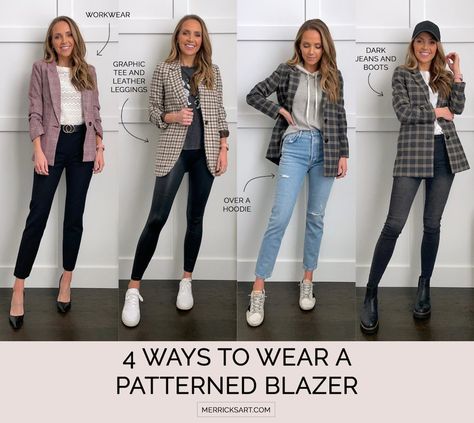 4 Patterned Blazer Outfit Ideas - Merrick's Art Patterned Blazer Outfit, Spring Jeans Outfit Casual Styles, Chic Classy Outfits, Spring Outfits Jeans, Plaid Blazer Outfit Women, Blazer And Sneakers Outfit, Early Spring Outfits Casual, Madewell Blazer, Jeans Blazer Outfit