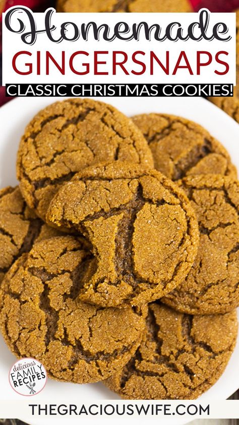 Classic Gingersnaps with a bold cinnamon and ginger-spiced flavor, crispy edges and a chewy center are easy to make and the perfect holiday cookie! Another classic Christmas cookie recipe, Gingersnaps are always a holiday hit and a family favorite. My grandma has been making these using this recipe for as long as I can remember, and we all love them. | @graciouswife #Gingersnaps #ChristmasCookies #CookieExchange #CookieRecipes Pioneer Woman Ginger Snaps, Gingersnap Cookies Recipe, Chewy Gingersnap Cookies, Homemade Christmas Cookie Recipes, Gingersnaps Recipe, Gingersnap Cookies Chewy, Ginger Snap Cookies Recipe, Ginger Snaps Recipe, Gingersnap Cookies